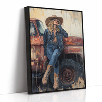 Cowgirl Resting on Rusted Truck