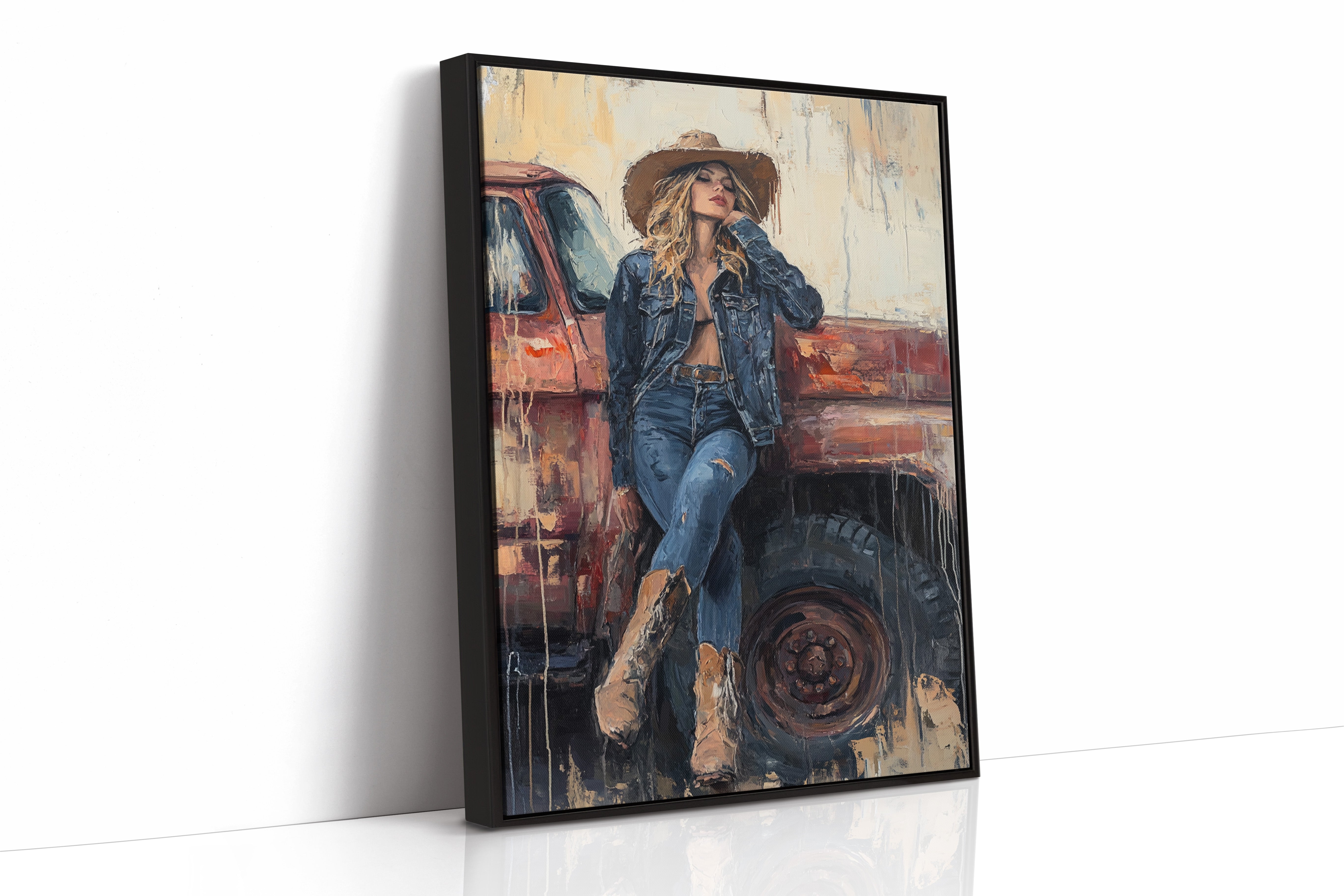 Cowgirl Resting on Rusted Truck