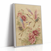 Graceful Cranes Among Peony Blooms