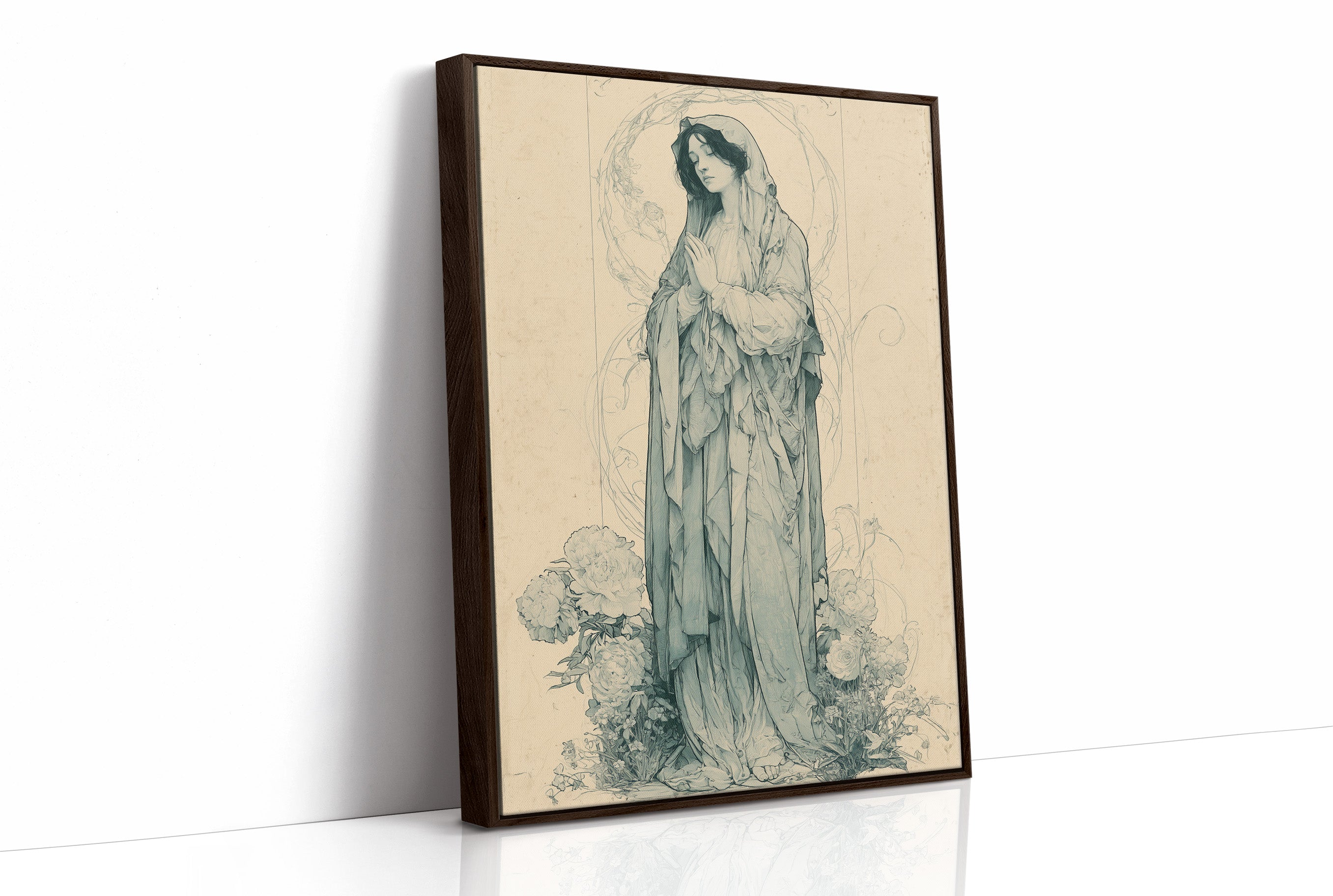 Madonna Among Peonies — Pre-Raphaelite Devotional Drawing