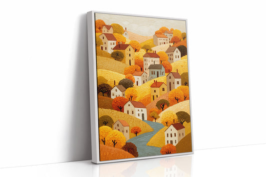 Autumn River Winds Through Village