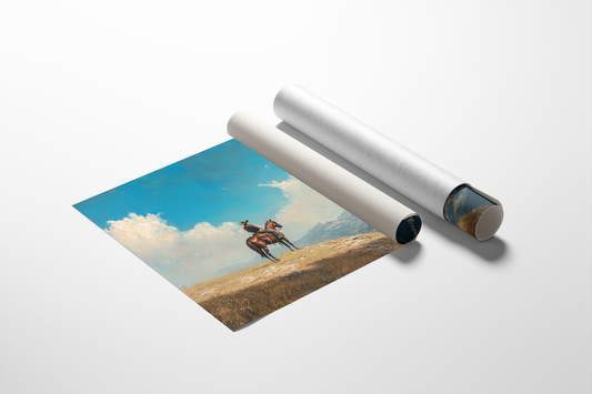 Lone Cowboy on Horseback – Western Mountain Landscape Wall Art Print