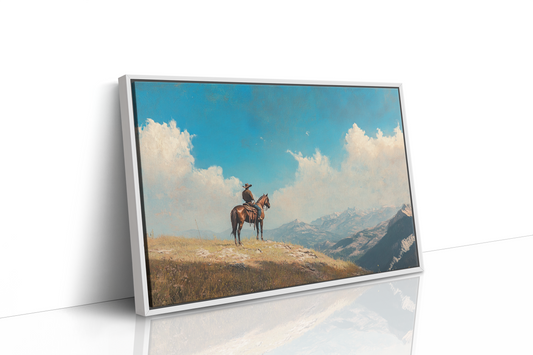 Lone Cowboy on Horseback – Western Mountain Landscape Wall Art Print