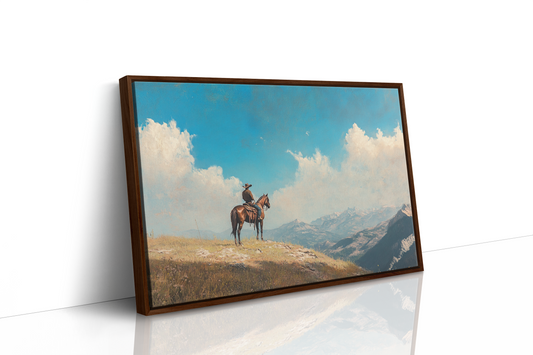 Lone Cowboy on Horseback – Western Mountain Landscape Wall Art Print