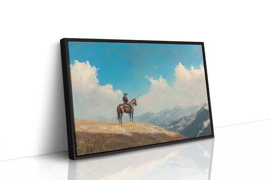 Lone Cowboy on Horseback – Western Mountain Landscape Wall Art Print