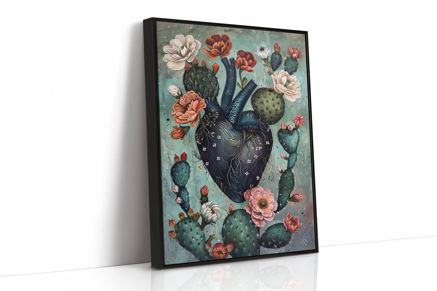 Cactus Heart Bloom – Surreal Botanical Art, Dark Floral Wall Decor