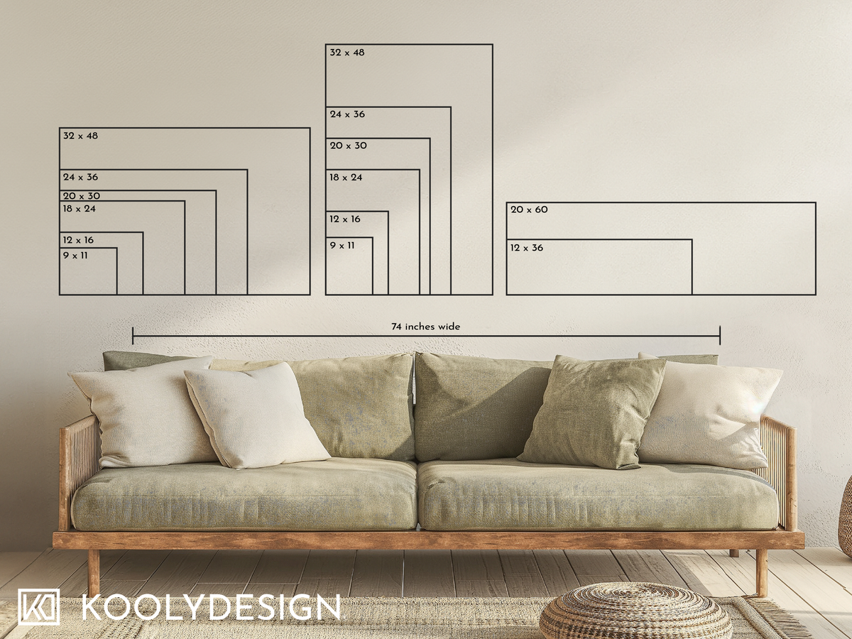 Kooly size chart: portrait, landscape and panoramic sizes outlined above a 74 inch sofa