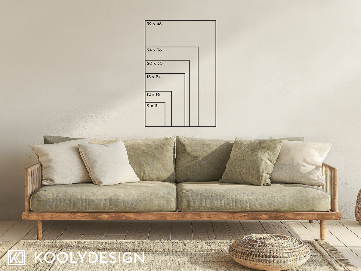 Portrait sizes from 9 x 11 to 32 x 48 outlined above a sofa