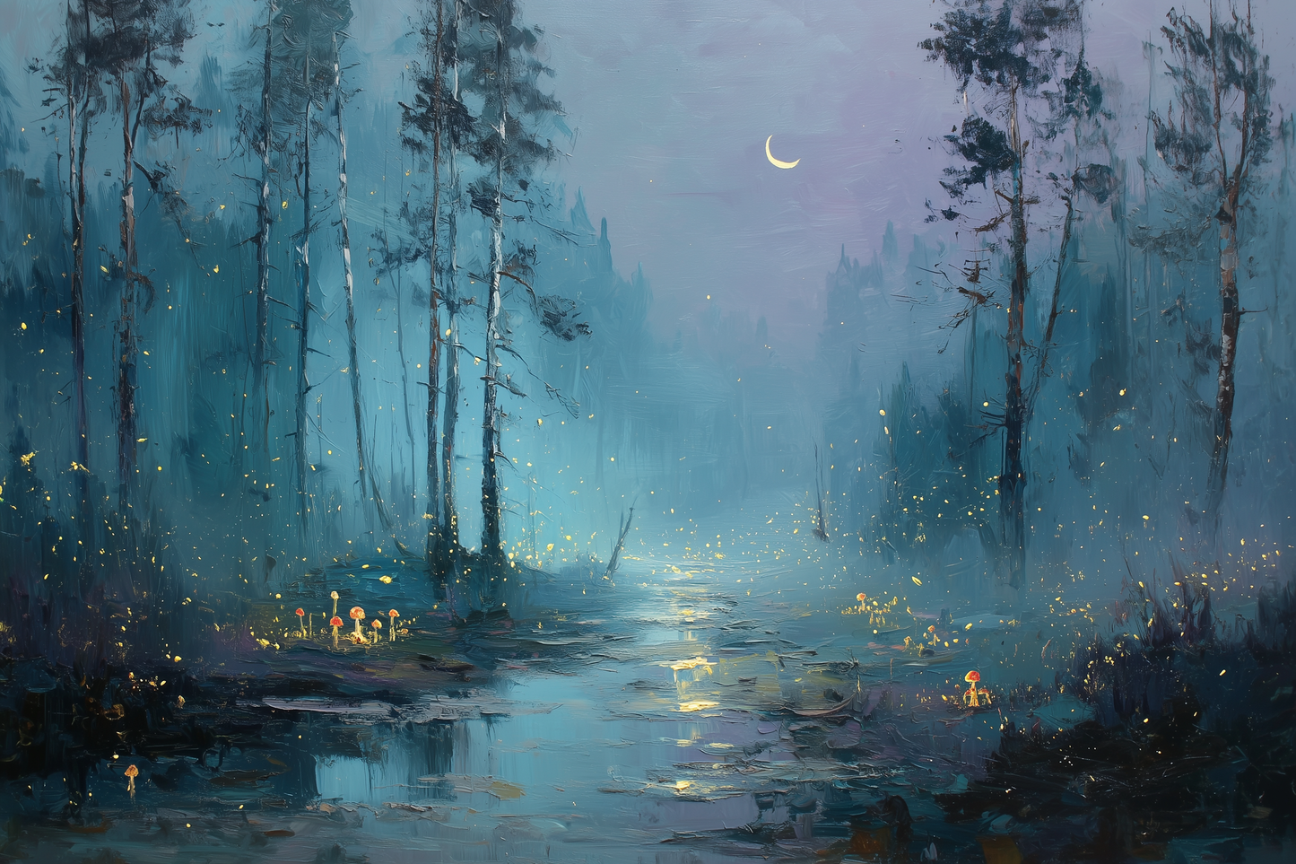 Crescent Path Through Misty Pines
