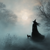 Fog Bound Witch Walks Midnight Path