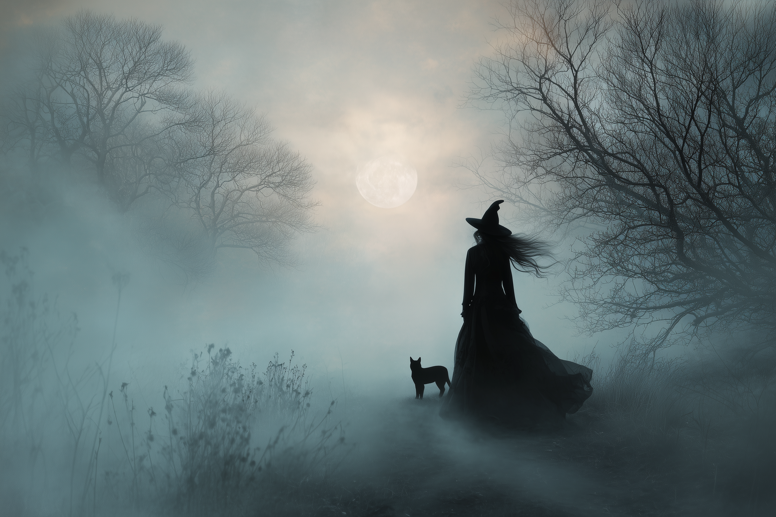 Fog Bound Witch Walks Midnight Path