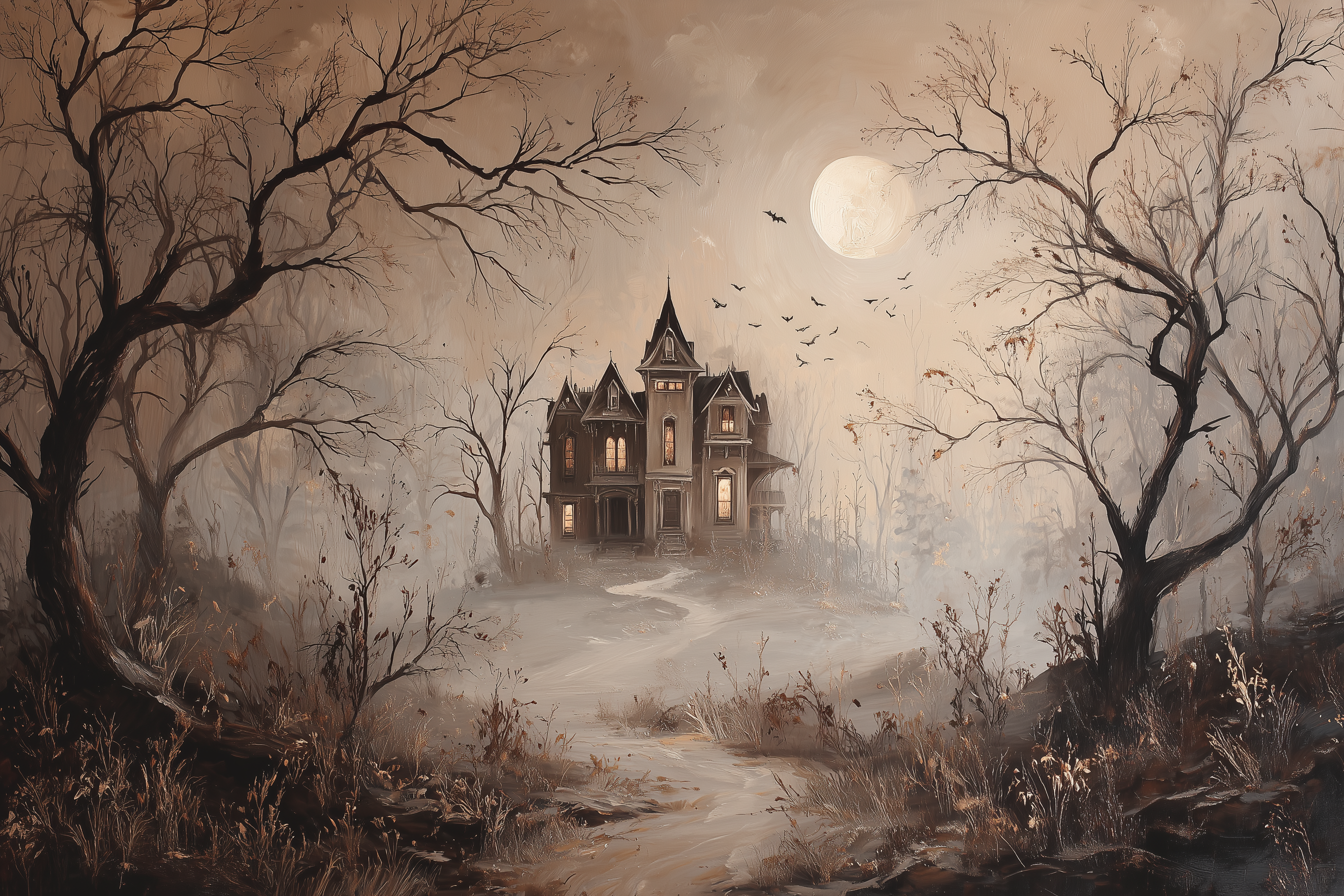 Fogbound Manor Under Moonlight