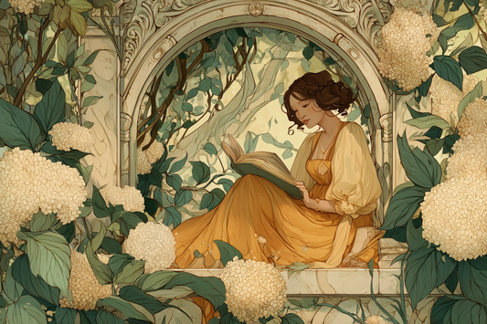 Reading Among Hydrangea Blooms