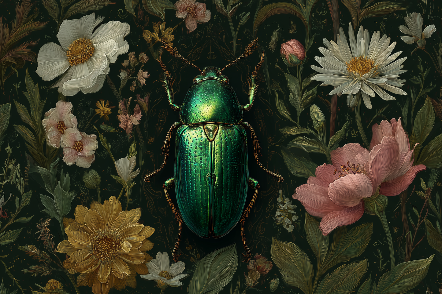 Emerald Beetle Among Garden Blooms