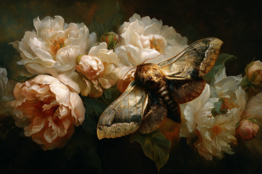 Moth Among Cream Peonies