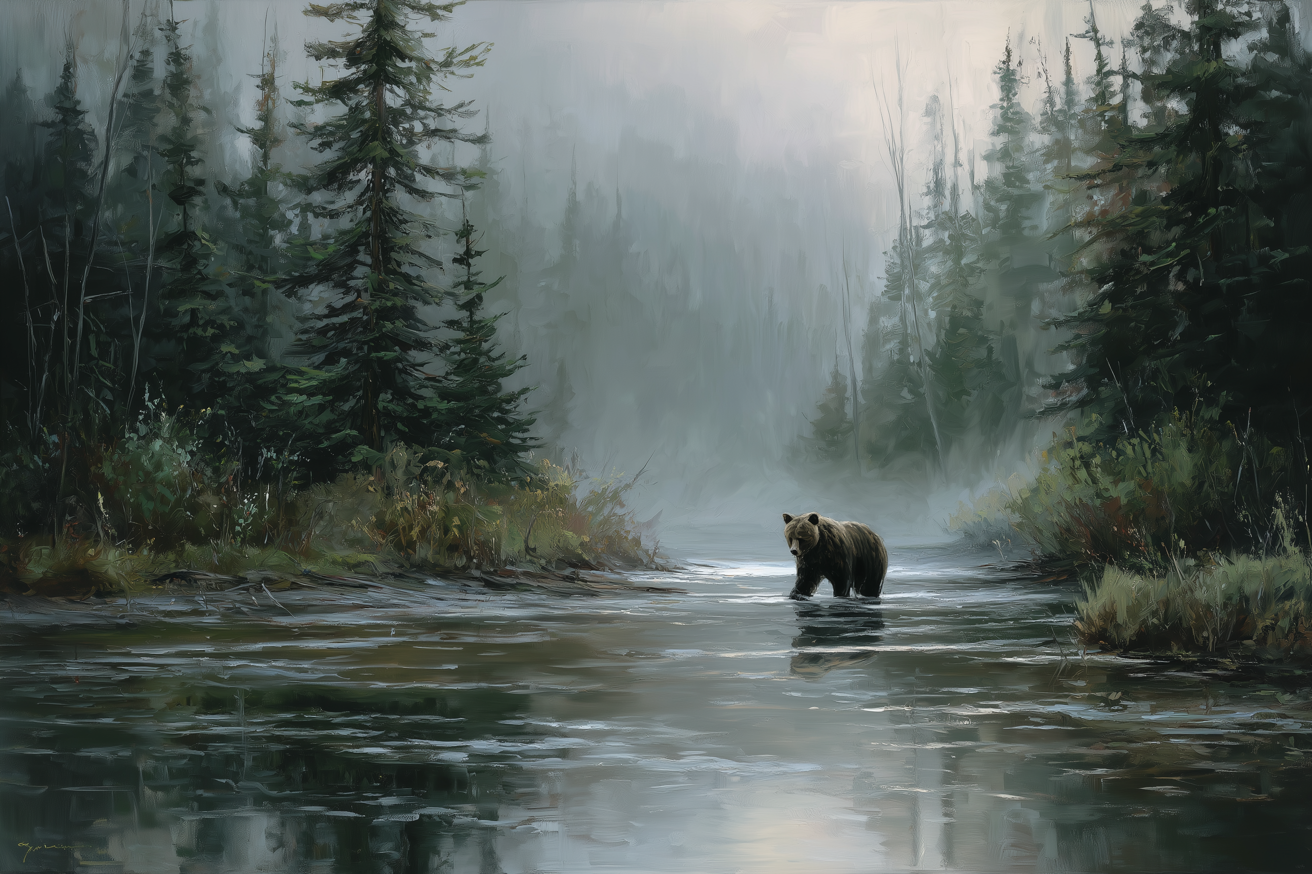 Misty River Meets Ancient Wanderer