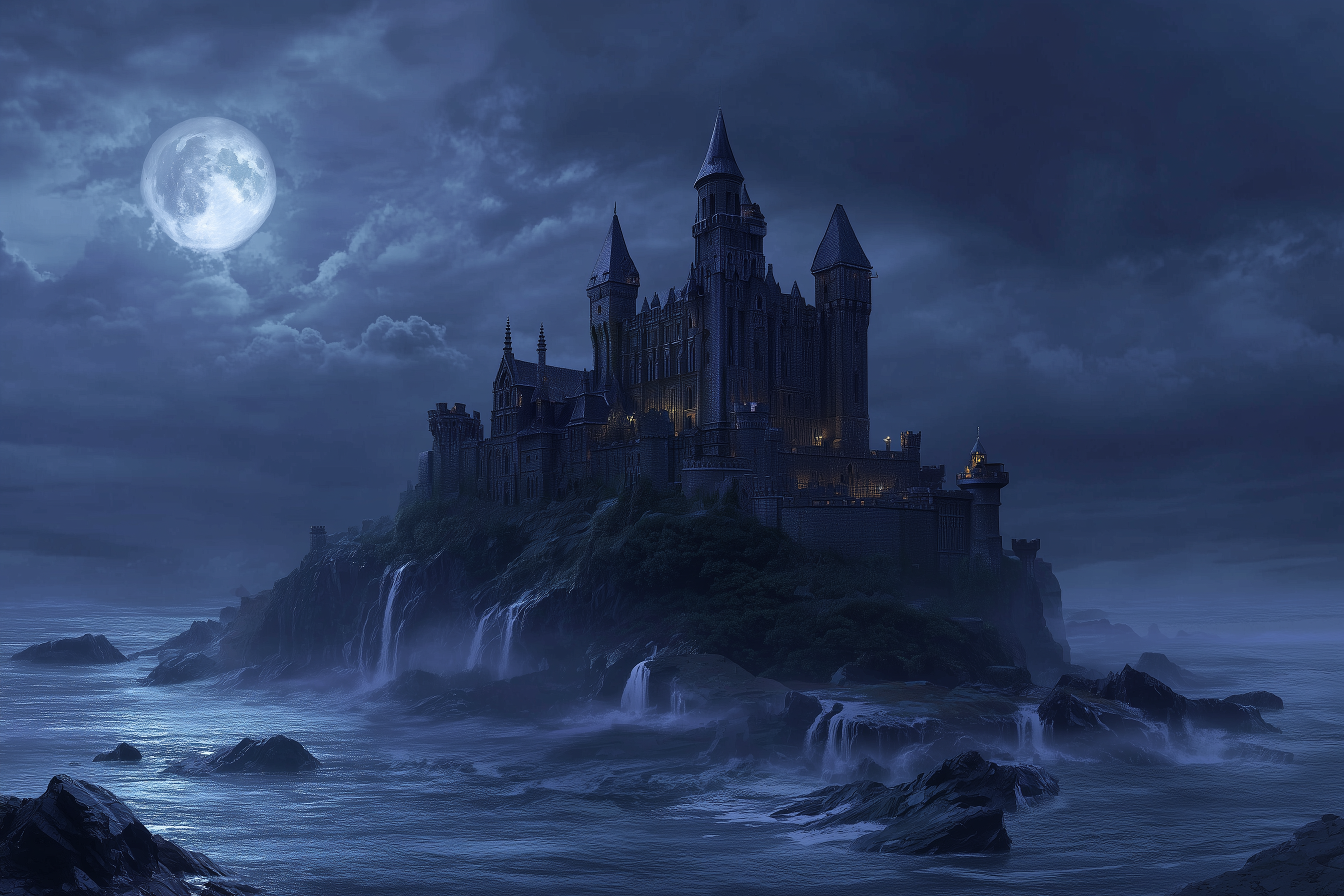 Moonlit Fortress Above Stormy Seas