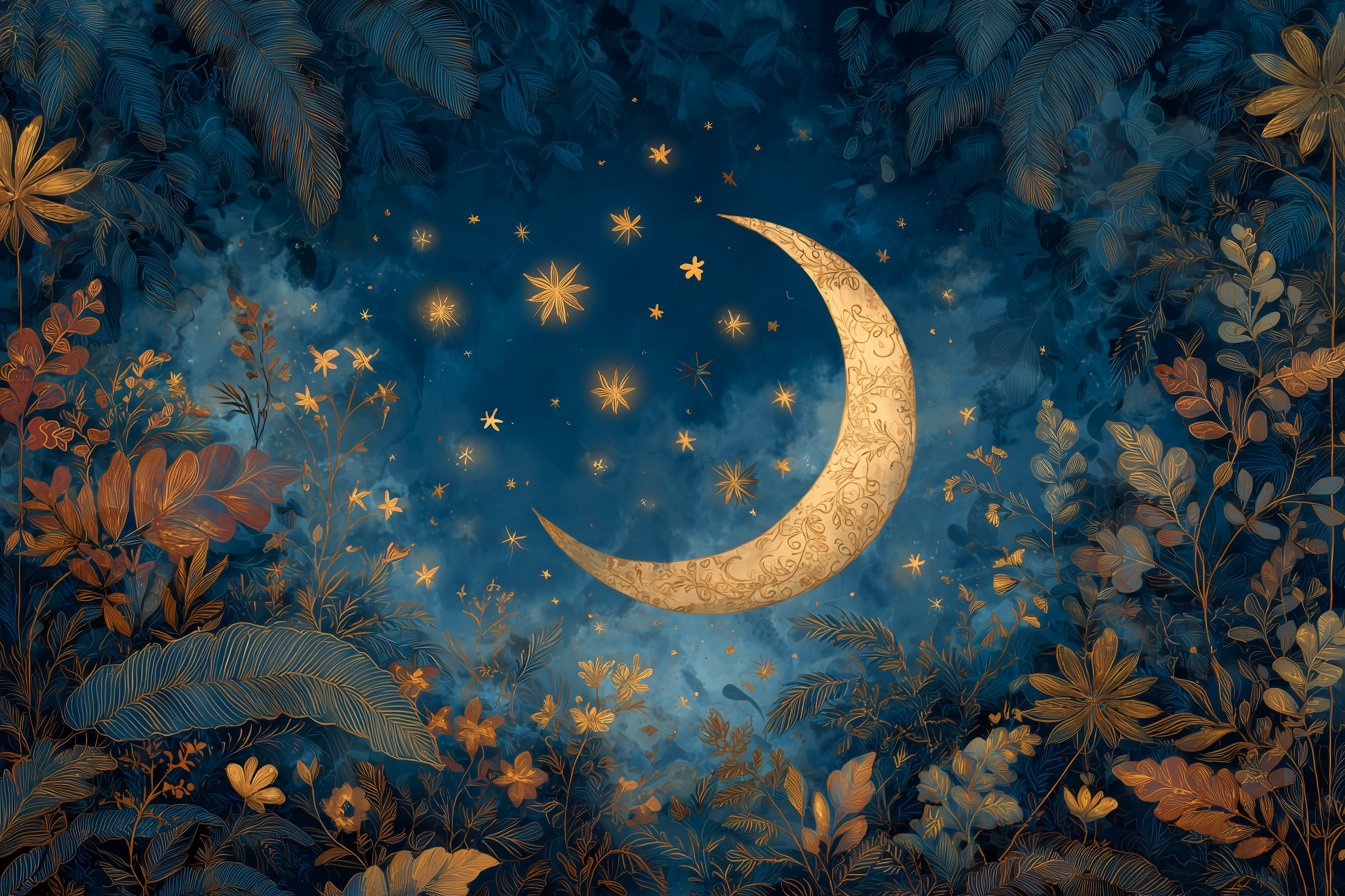 Golden Crescent Among Midnight Blooms