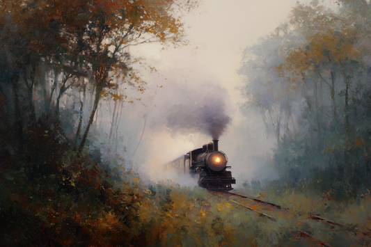 Autumn Train Through Misty Woods