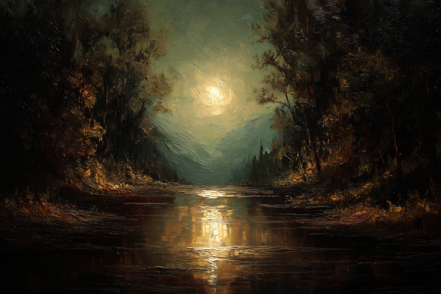 Moonlit River Between Ancient Trees