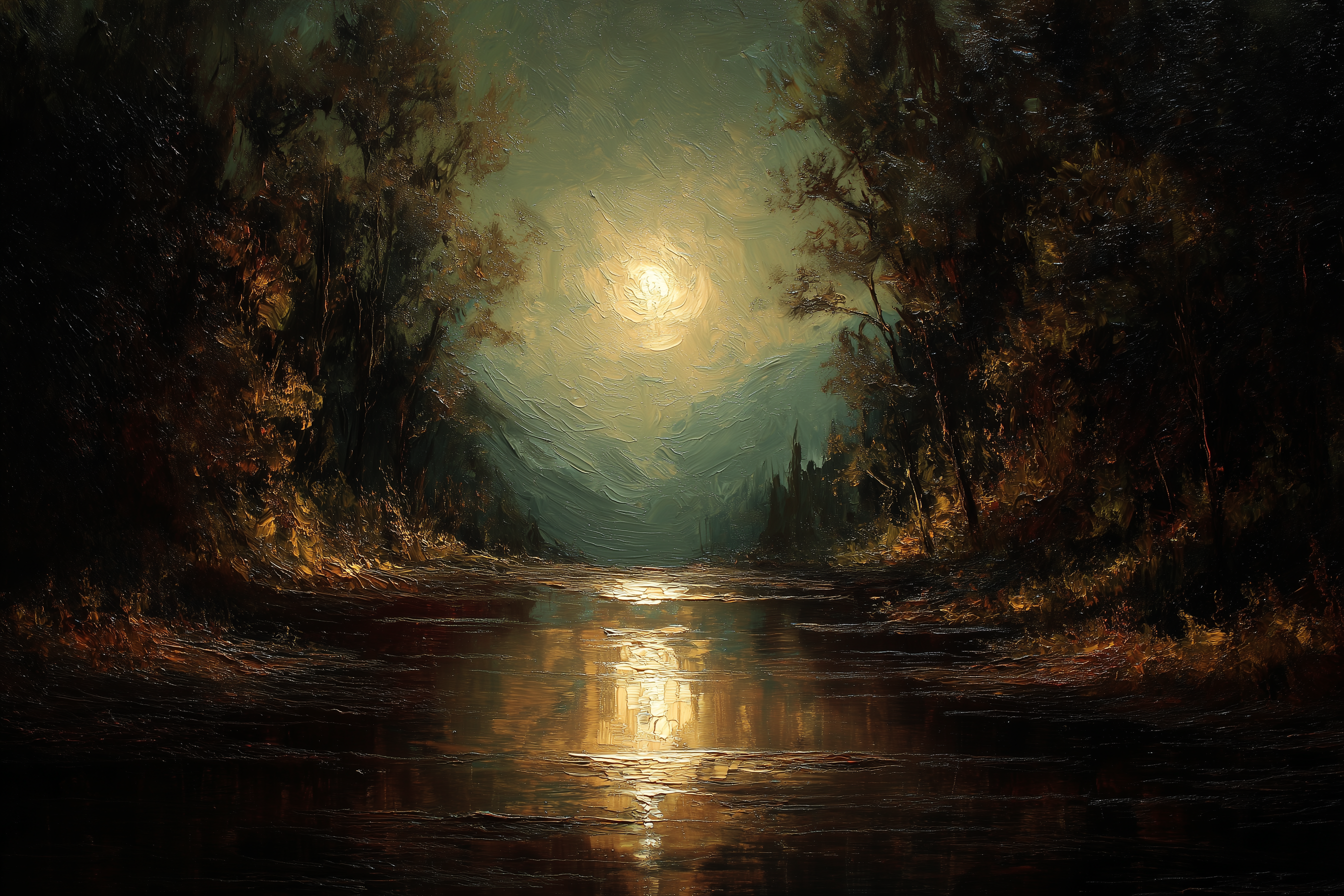 Moonlit River Between Ancient Trees