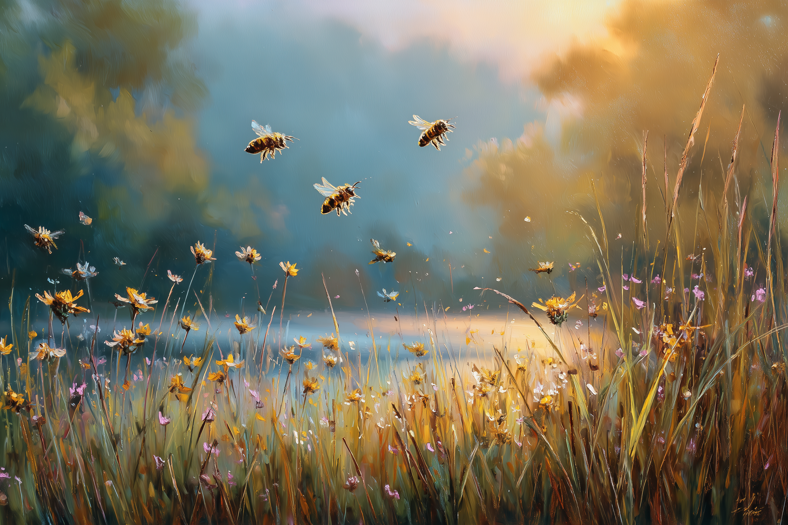 Bees Dance Through Meadow Light