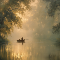 Solitary Boatman Crosses Golden Mist
