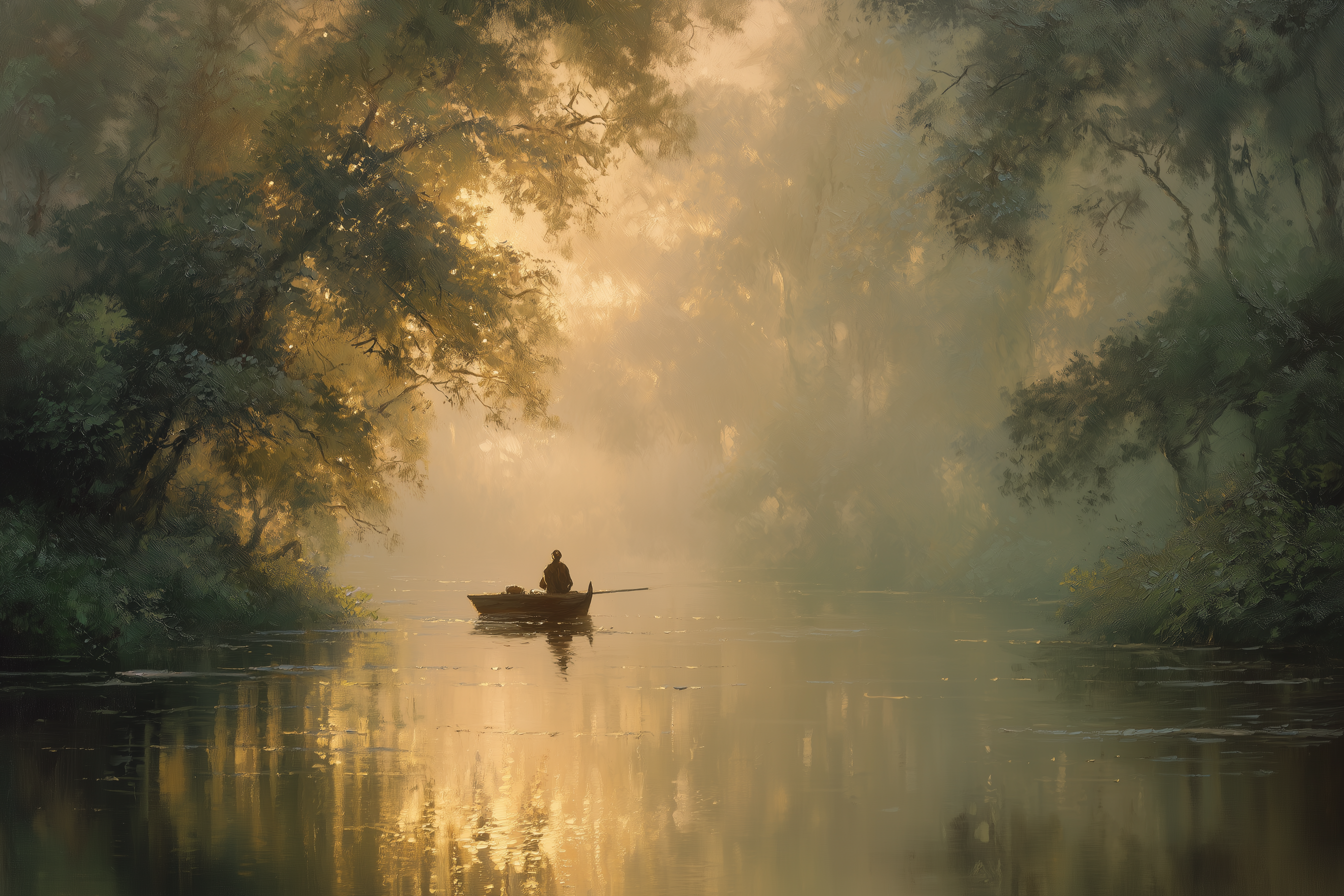 Solitary Boatman Crosses Golden Mist