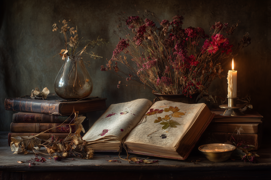 Candlelit Pages Among Pressed Flowers