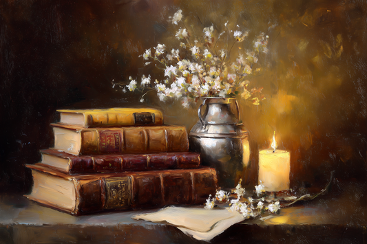 Scholar's Candlelight Among Dusty Tomes