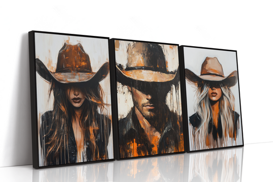 Under the Brim, Western Cowgirl and Cowboy Wall Art Set of 3, Framed Canvas Triptych
