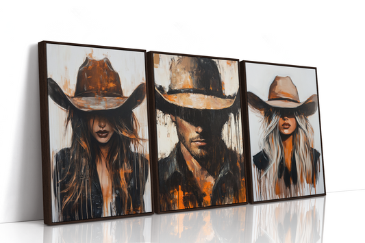 Under the Brim, Western Cowgirl and Cowboy Wall Art Set of 3, Framed Canvas Triptych