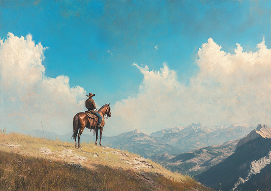 Lone Cowboy on Horseback – Western Mountain Landscape Wall Art Print