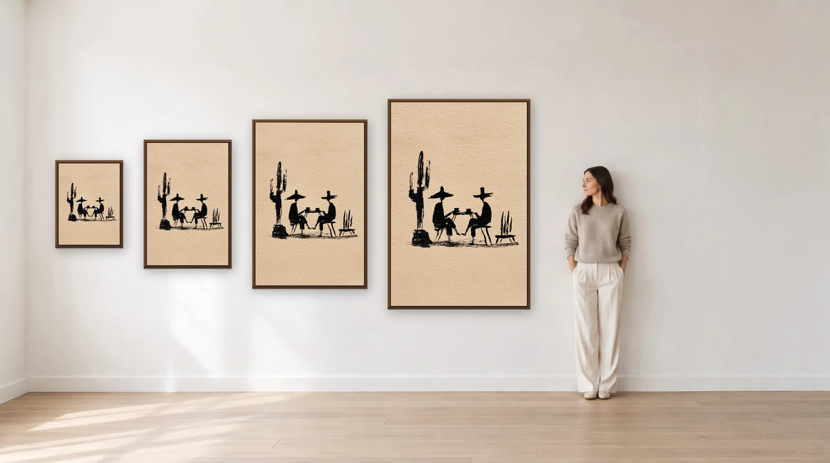 Coffee at High Noon in brown framed canvas at 18 x 24, 24 x 36, 32 x 48 and 40 x 60 inches, hung to scale beside a 5 ft 8 in model