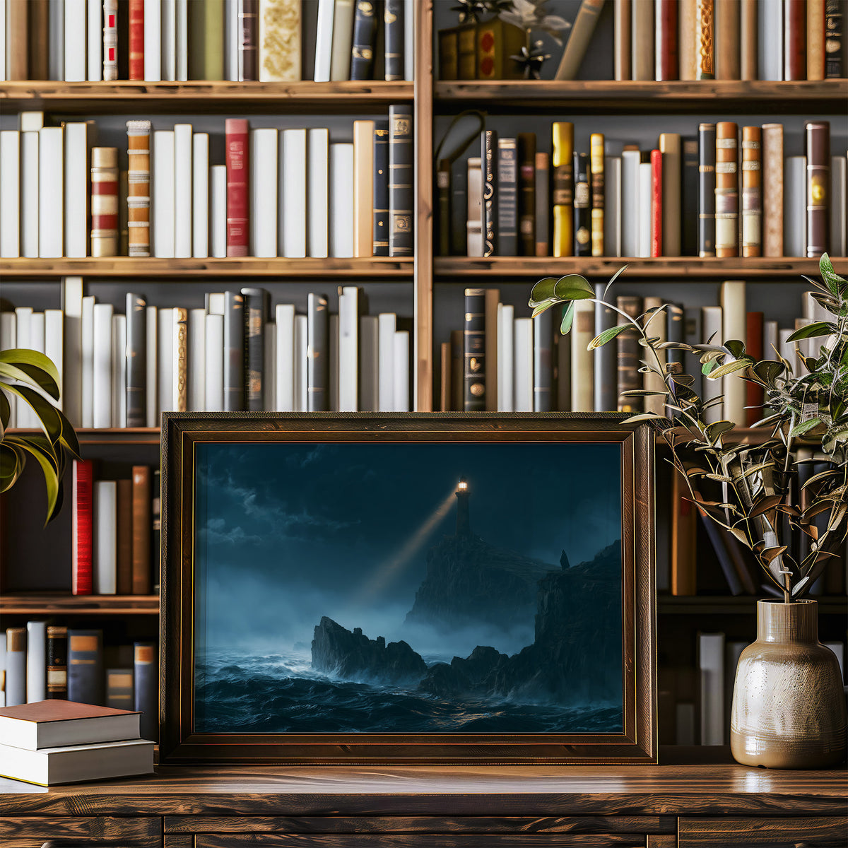 A Beam Across the Breakers, a thin beam of golden light sweeping across a stormy sea onto a jagged shelf of dark rock, waves breaking white below, in a wood frame on a bookshelf wall beside a vase of olive branches