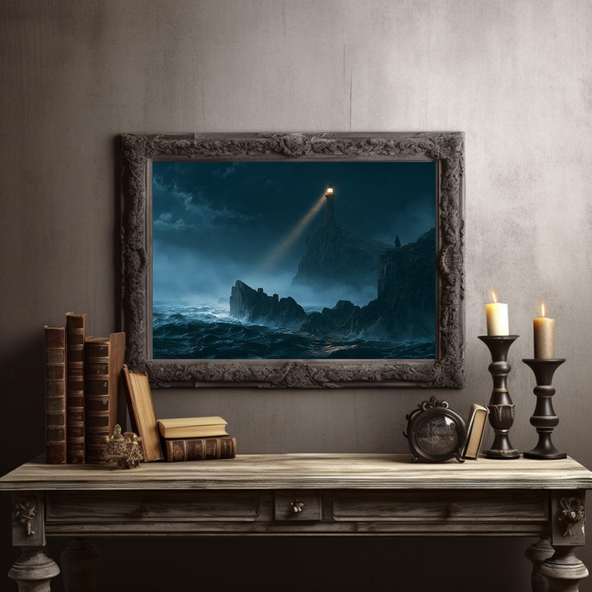 A Beam Across the Breakers, a thin beam of golden light sweeping across a stormy sea onto a jagged shelf of dark rock, waves breaking white below, in a dark carved frame on a gray wall above a console table with candlesticks and old books