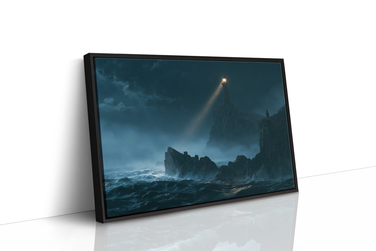 A Beam Across the Breakers, a thin beam of golden light sweeping across a stormy sea onto a jagged shelf of dark rock, waves breaking white below, as a framed canvas in a black frame
