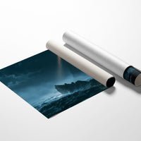 A Beam Across the Breakers, a thin beam of golden light sweeping across a stormy sea onto a jagged shelf of dark rock, waves breaking white below, as a matte poster, unframed