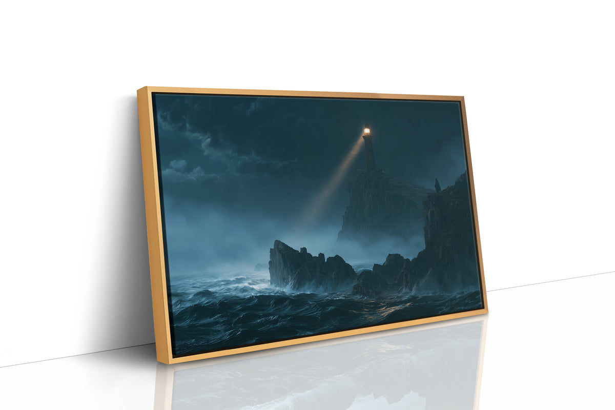 A Beam Across the Breakers, a thin beam of golden light sweeping across a stormy sea onto a jagged shelf of dark rock, waves breaking white below, as a framed canvas in a natural wood frame