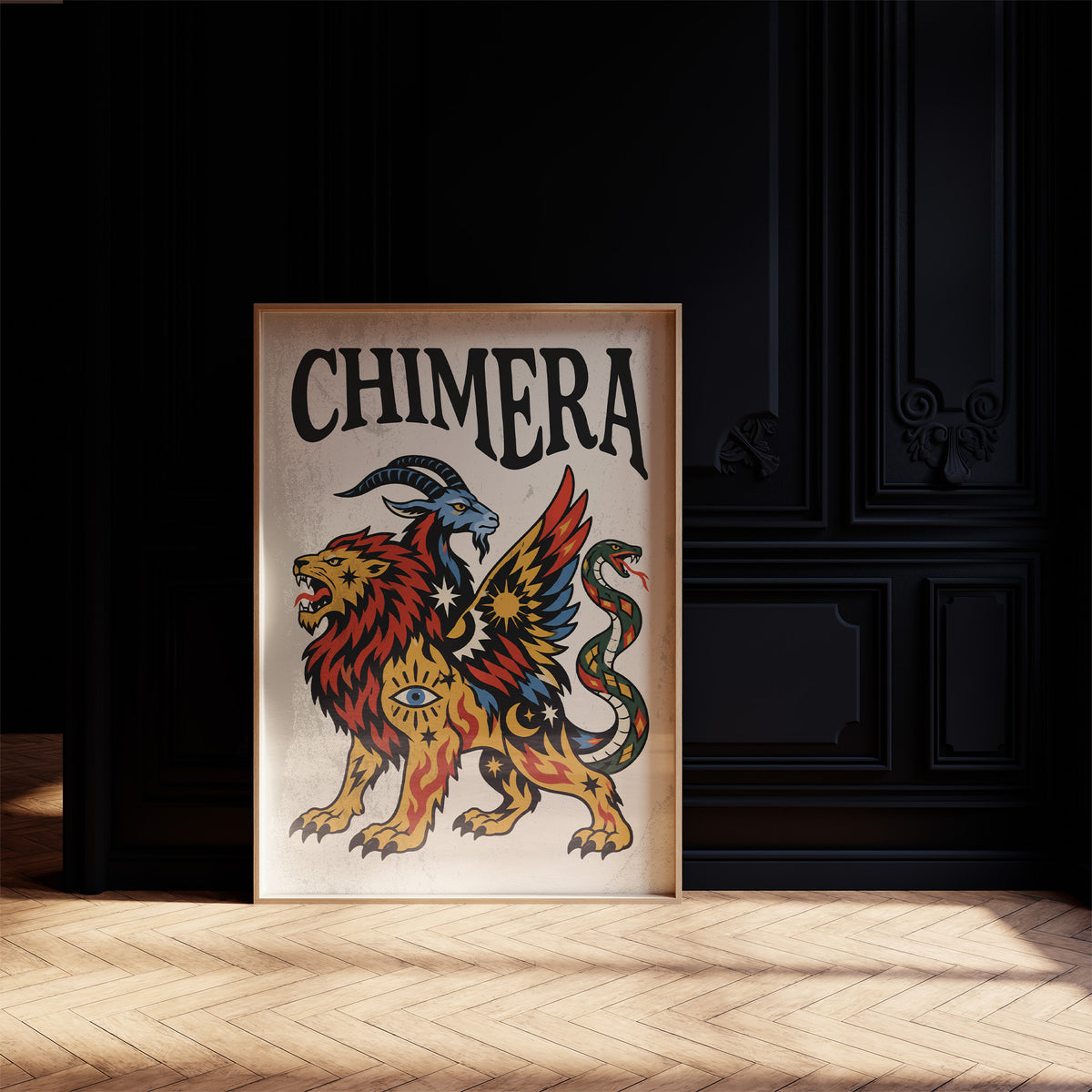 A Beast Made of Borrowed Parts, a chimera with a lion body, a goat head and a serpent tail, in gold, red and cream, drawn in a bold flash sheet style with a black lettered name across the top, in a dark frame on a black paneled wall above a sunlit herringbone floor