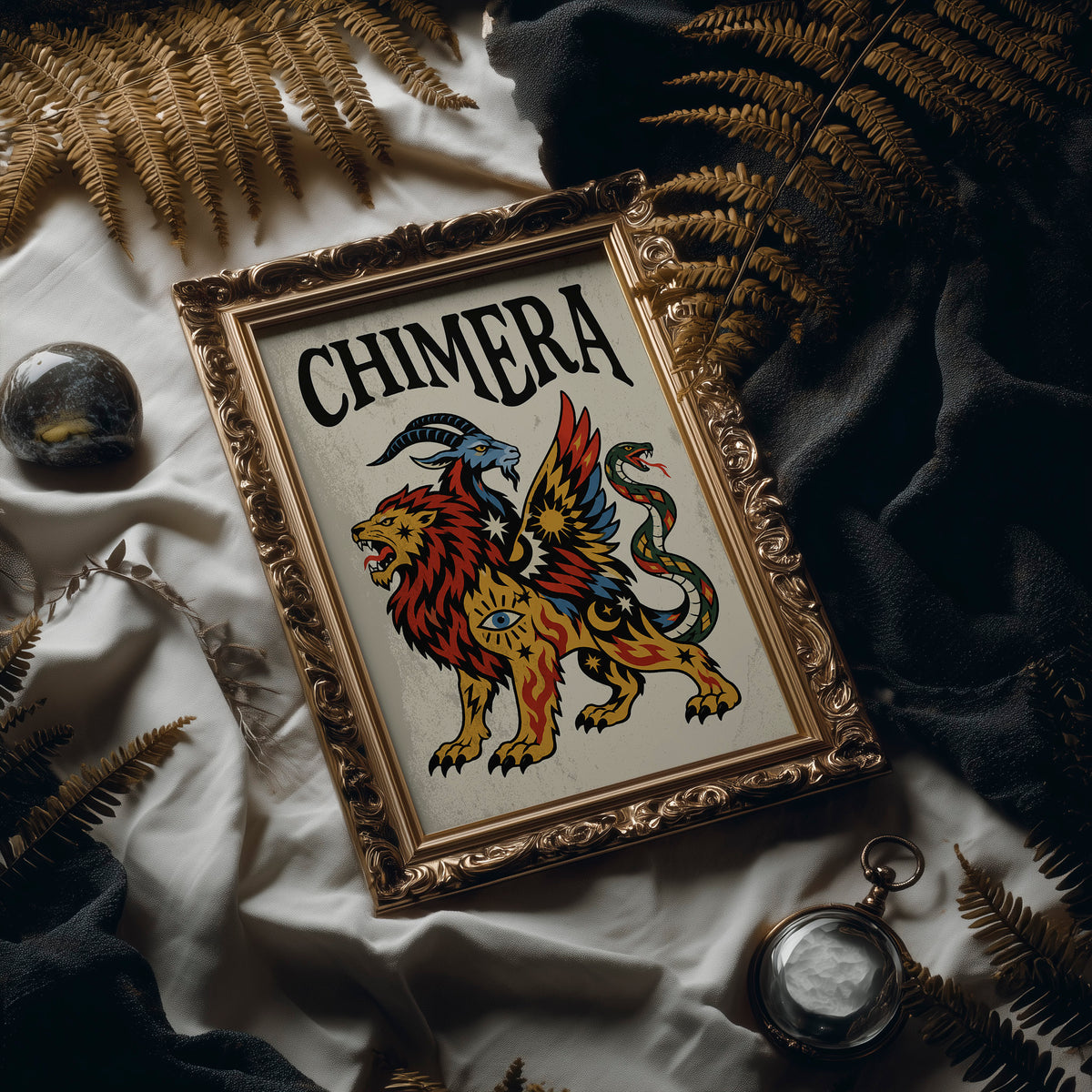 A Beast Made of Borrowed Parts, a chimera with a lion body, a goat head and a serpent tail, in gold, red and cream, drawn in a bold flash sheet style with a black lettered name across the top, in an ornate frame on silk cloth beside ferns and a brass compass