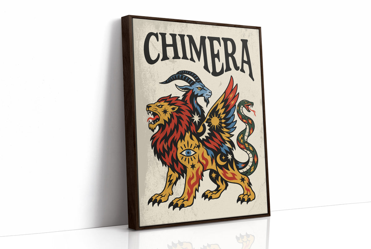 A Beast Made of Borrowed Parts, a chimera with a lion body, a goat head and a serpent tail, in gold, red and cream, drawn in a bold flash sheet style with a black lettered name across the top, as a framed canvas in a brown frame