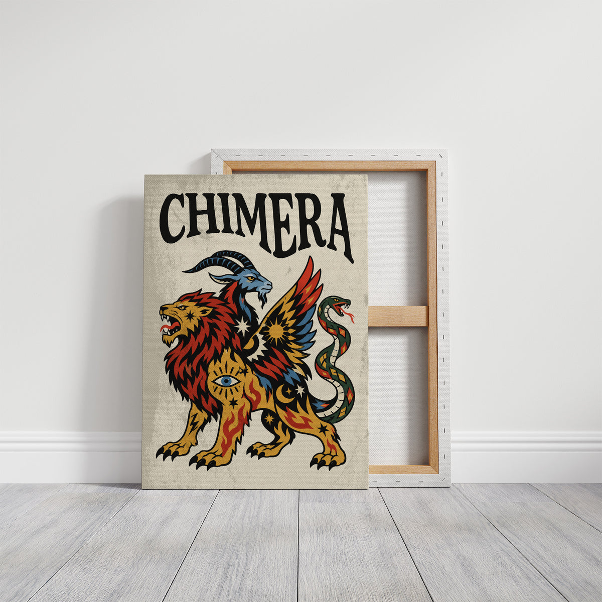 A Beast Made of Borrowed Parts, a chimera with a lion body, a goat head and a serpent tail, in gold, red and cream, drawn in a bold flash sheet style with a black lettered name across the top, on a gallery canvas with wrapped edges leaning against a white wall