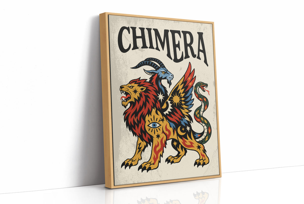 A Beast Made of Borrowed Parts, a chimera with a lion body, a goat head and a serpent tail, in gold, red and cream, drawn in a bold flash sheet style with a black lettered name across the top, as a framed canvas in a natural wood frame