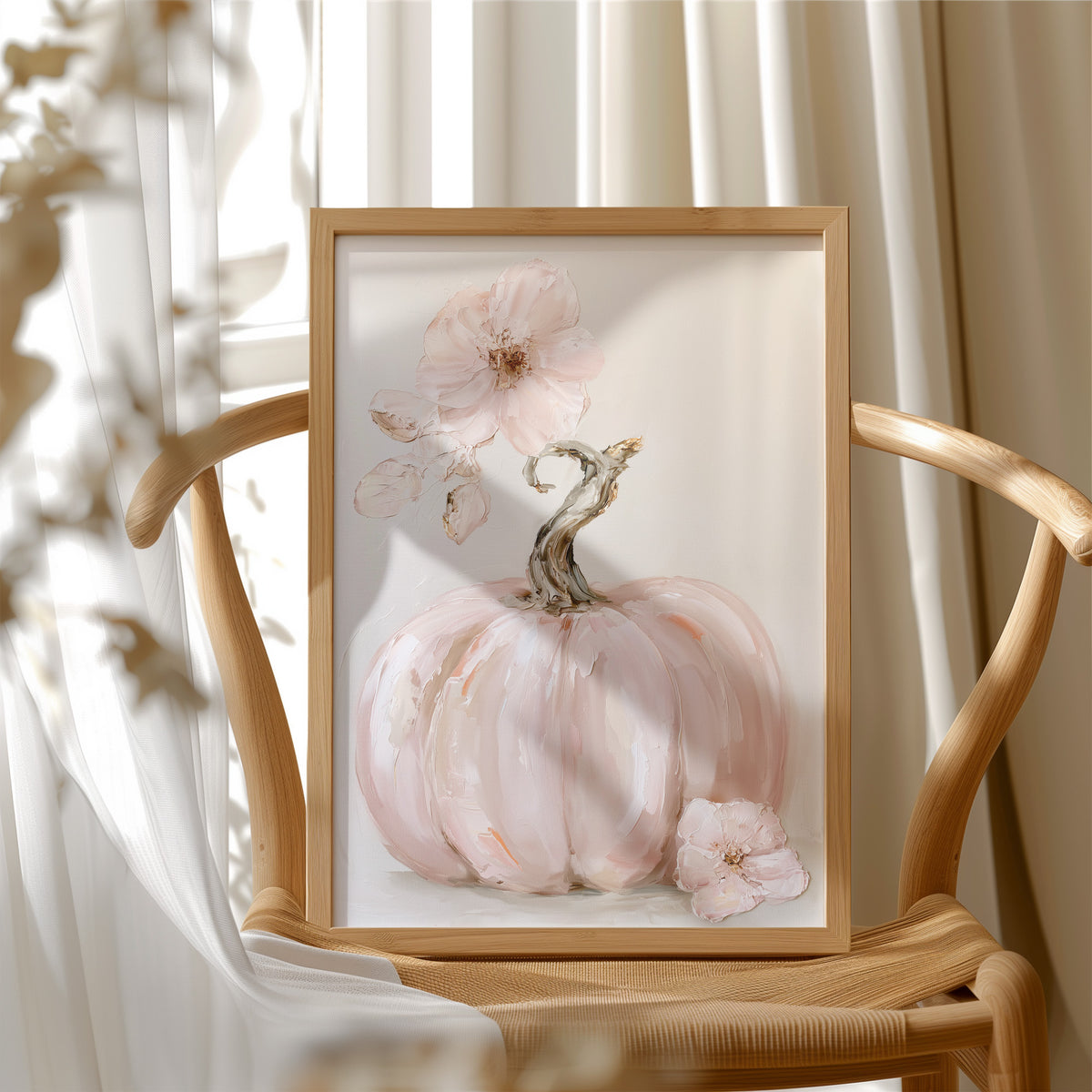 A Blush of Late Harvest, a pale blush pumpkin with a silver stem and a soft pink blossom painted on a cream ground, in a gentle watercolor style, in a wood frame beside a wicker chair by a sunny window