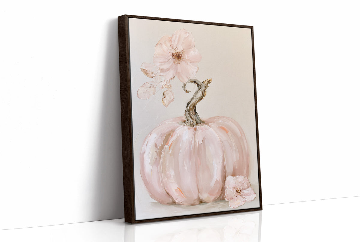 A Blush of Late Harvest, a pale blush pumpkin with a silver stem and a soft pink blossom painted on a cream ground, in a gentle watercolor style, as a framed canvas in a brown frame