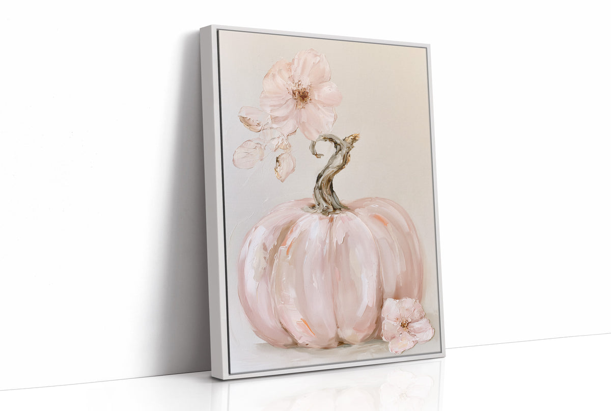 A Blush of Late Harvest, a pale blush pumpkin with a silver stem and a soft pink blossom painted on a cream ground, in a gentle watercolor style, as a framed canvas in a white frame