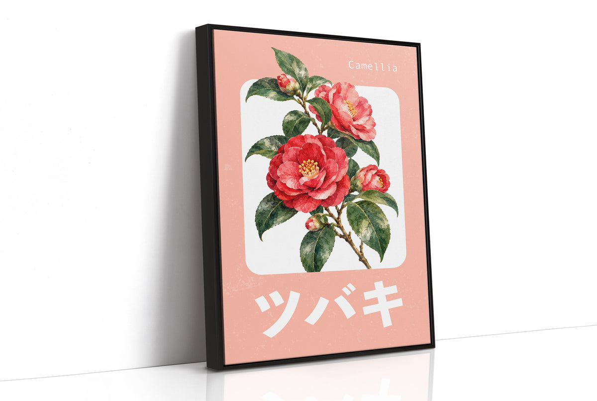 A Camellia Before Noon, a red camellia bloom with green leaves on a blush pink ground, with a rounded cream label and bold pale Japanese lettering, in a flat Japanese travel poster style painted in red, blush pink and cream, as a framed canvas in a black frame