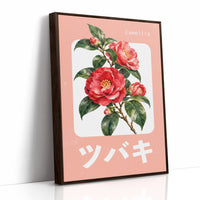 A Camellia Before Noon, a red camellia bloom with green leaves on a blush pink ground, with a rounded cream label and bold pale Japanese lettering, in a flat Japanese travel poster style painted in red, blush pink and cream, as a framed canvas in a brown frame