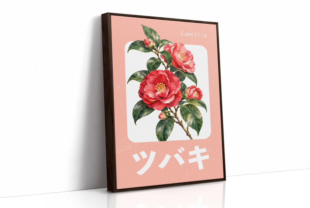 A Camellia Before Noon, a red camellia bloom with green leaves on a blush pink ground, with a rounded cream label and bold pale Japanese lettering, in a flat Japanese travel poster style painted in red, blush pink and cream, as a framed canvas in a brown frame